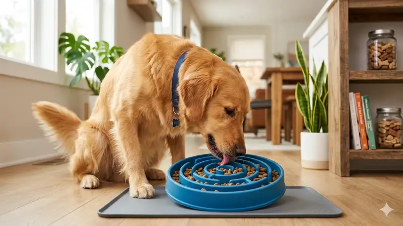 A Golden Retriever eating kibble from a blue silicone slow feeder bowl to prevent bloating.