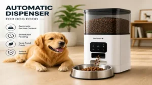 Automatic dispenser for dog food dispensing fresh kibble into a stainless steel bowl