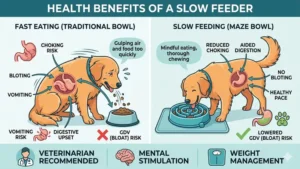 llustration showing how a slow feeder improves canine digestion and reduces the risk of GDV or bloating.