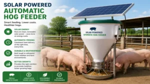 solar powered automatic hog feeder installed in an outdoor pig pen