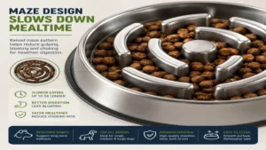 stainless steel slow feeder dog bowl close-up showing raised maze pattern to slow down mealtime
