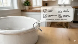 Close-up illustration showing the thick, chip-resistant rim of a high-quality ceramic dog bowl.