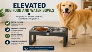 Elevated dog food and water bowls that help improve posture, comfort, and digestion during mealtime