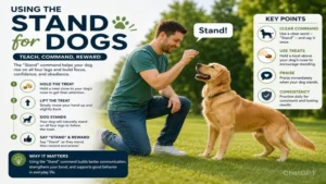 stand for dogs command training with dog owner using treats and rewards
