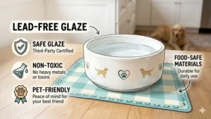 An informative graphic highlighting the non-toxic, lead-free glaze used on food-safe ceramic dog bowls.