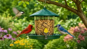 Outdoor bird animal feeder hanging in a colorful garden