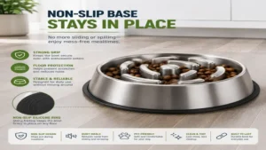 stainless steel slow feeder dog bowl with non-slip silicone base for stable feeding