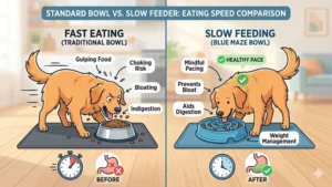 Comparison chart showing the difference in eating speed between a standard dog bowl and a slow feeder.