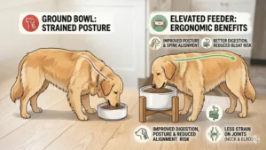 Illustration of an ergonomic elevated ceramic dog bowl designed to improve digestion for large breeds.