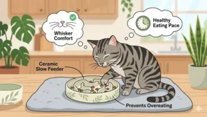 A tabby cat using a ceramic slow feeder designed to prevent whisker fatigue and overeating.
