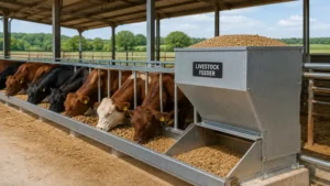 Large farm animal feeder used for cattle feeding in barn
