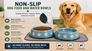 Stable non-slip dog food and water bowls that help prevent spills, movement, and feeding messes