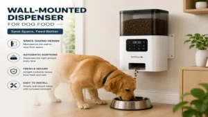Wall mounted dispenser for dog food with space saving and automatic feeding design