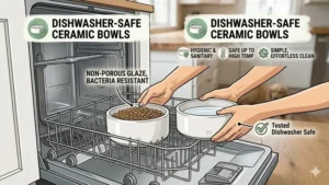 A simple icon-style illustration of a ceramic dog bowl being placed into a dishwasher rack for easy cleaning.