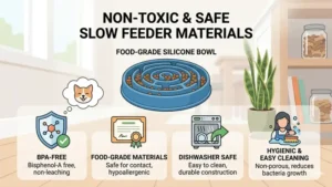 Graphic highlighting the non-toxic, BPA-free materials used in high-quality pet slow feeders.