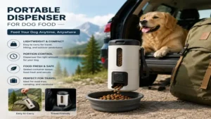 Portable dispenser for dog food for travel camping and outdoor pet feeding