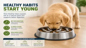 puppy eating from stainless steel slow feeder dog bowl for slower eating and healthy digestion