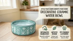 A stylish teal ceramic dog water bowl featuring a hand-painted pattern that complements modern home decor.