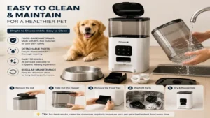 Gravity dispenser for dog food with transparent storage and easy refill container