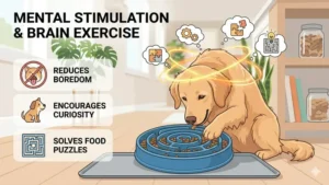 Illustration of a dog engaging its brain while solving a puzzle-style slow feeder for mental enrichment.