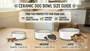 A helpful size chart illustration comparing small, medium, and large ceramic dog bowls for different breeds.