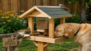 DIY wooden animal feeder placed in a backyard garden