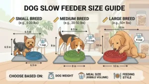 A size guide illustration helping owners choose the right slow feeder dimensions for small and large breeds.