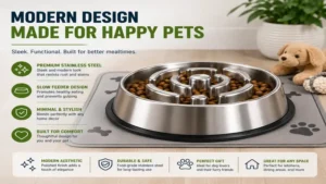 modern stainless steel slow feeder dog bowl with sleek design for stylish pet feeding areas