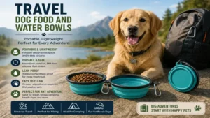 Portable travel dog food and water bowls designed for hiking, camping, road trips, and outdoor adventures