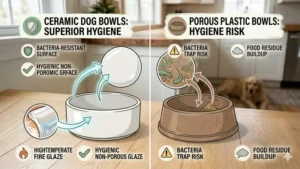 A split illustration showing how the smooth surface of ceramic dog bowls prevents bacteria buildup compared to porous plastic.