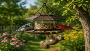 Hanging animal feeder with birds and squirrel feeding outdoors