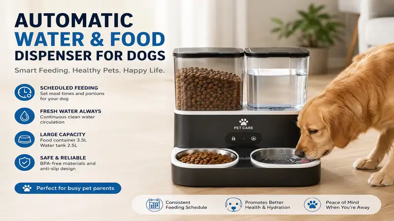 automatic water and food dispenser for dogs in a modern home providing fresh water and scheduled feeding for healthy pets