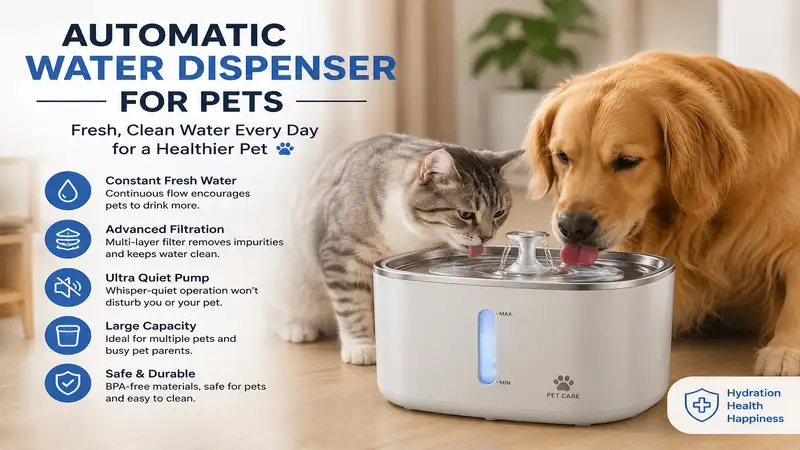Automatic water dispenser for pets with a modern filtered fountain providing fresh drinking water for cats and dogs.
