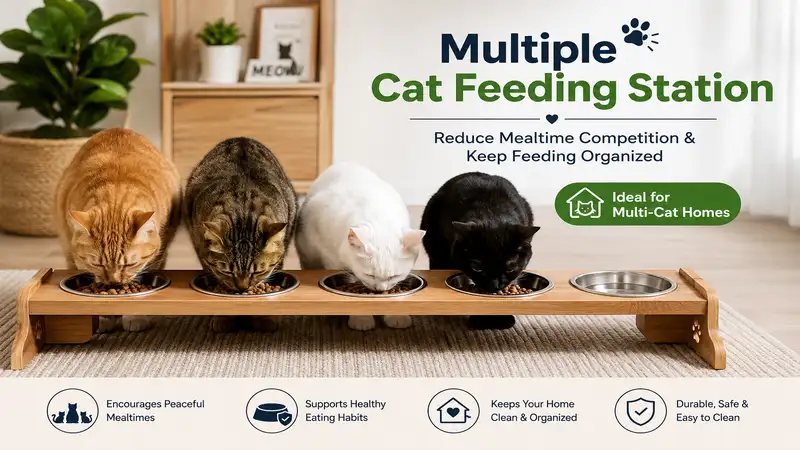 multiple cat feeding station with separate feeding spaces for multiple cats in a modern home