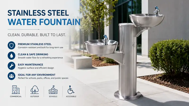 stainless steel water fountain installed in a modern commercial outdoor space