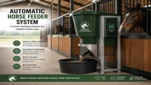 automatic horse feeder system operating inside a clean horse barn