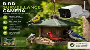 bird surveillance camera providing a close-up view of colorful birds visiting a backyard feeder