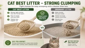 Comparison of cat best litter and ordinary litter demonstrating stronger clumping and easier cleaning