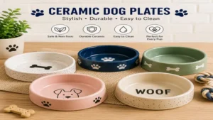 Assorted ceramic dog plates designed for daily feeding and easy cleaning