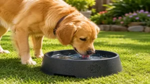 Dog drinking from an outdoor water bowl for dogs in a sunny garden.