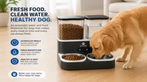 Dog eating and drinking from an automatic water and food dispenser for dogs in a bright indoor setting