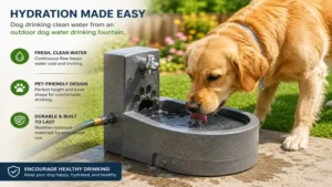 Dog drinking clean water from an outdoor dog water drinking fountain in the garden
