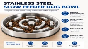 metal slow feeder dog bowl with stainless steel construction and raised maze pattern for healthier feeding habits