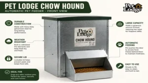pet lodge chow hound front view showing durable galvanized steel construction and feeder design