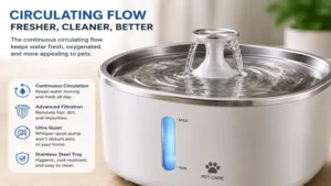 Close-up of an automatic water dispenser for pets showing continuous filtered water flow.
