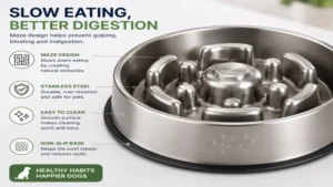 Close-up of a slow eating dog bowl stainless with maze design for controlled feeding