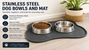Stainless steel dog bowls and mat placed in a clean pet feeding area