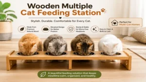 Wooden multiple cat feeding station with elevated bowls and dividers for peaceful mealtimes