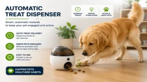 automatic treat dispenser providing rewards to keep a pet engaged and active
