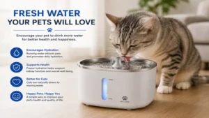 Cat drinking from an automatic water dispenser for pets to stay hydrated indoors.